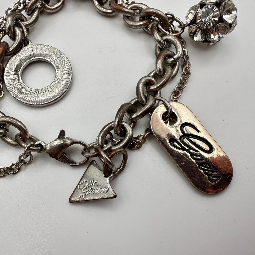 Vintage Y2K Guess Silvertone Bracelet Multi-Charm Statement Boho Fashion Jewelry